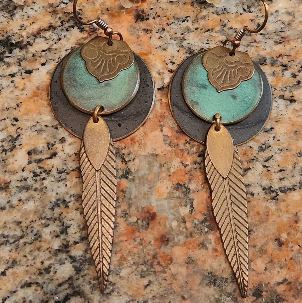 Vintage Metal Burnished Gold and Green Feather Earrings